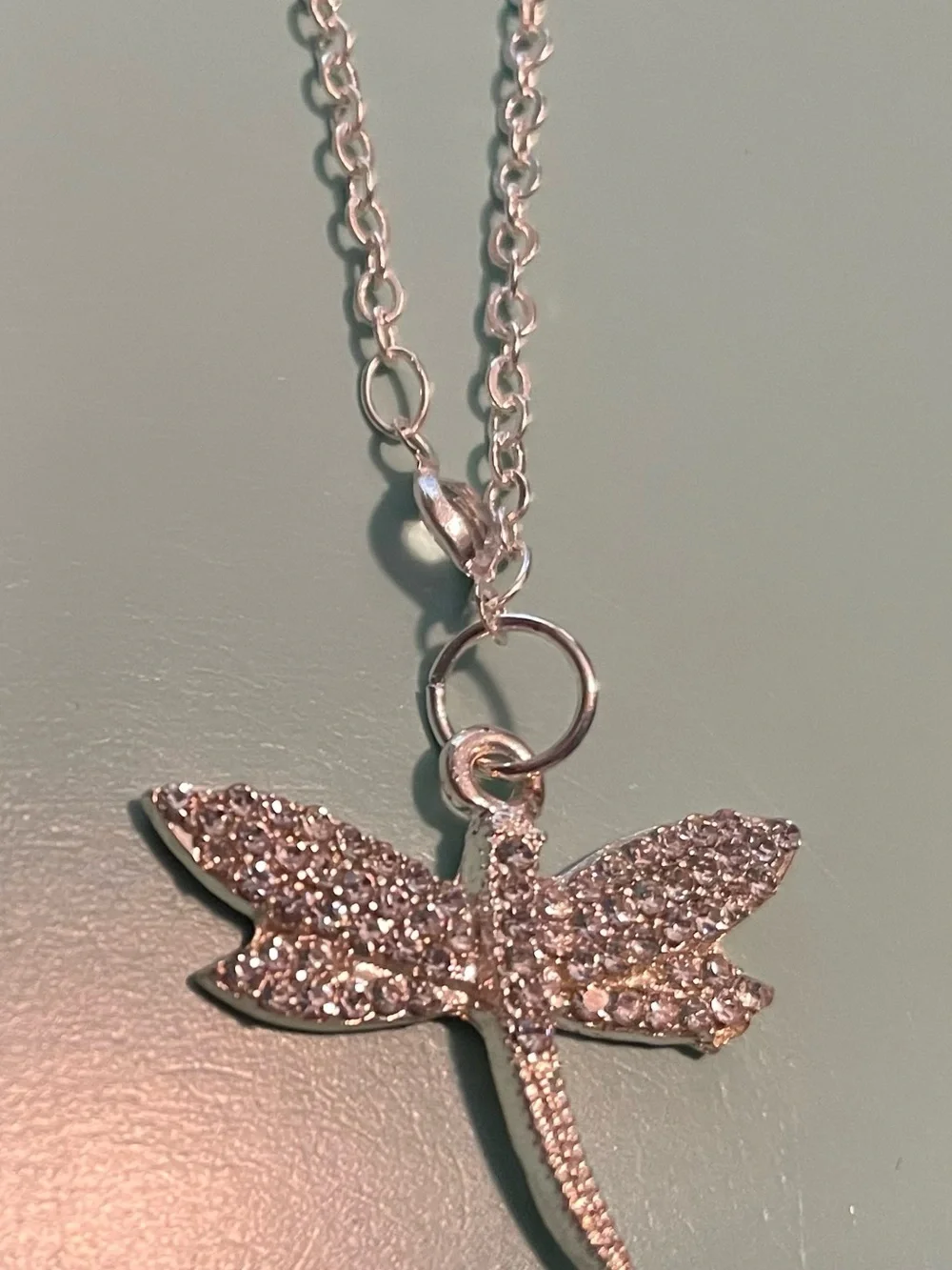Long Silver Pave Dragonfly Pendant Crystal Station Necklace